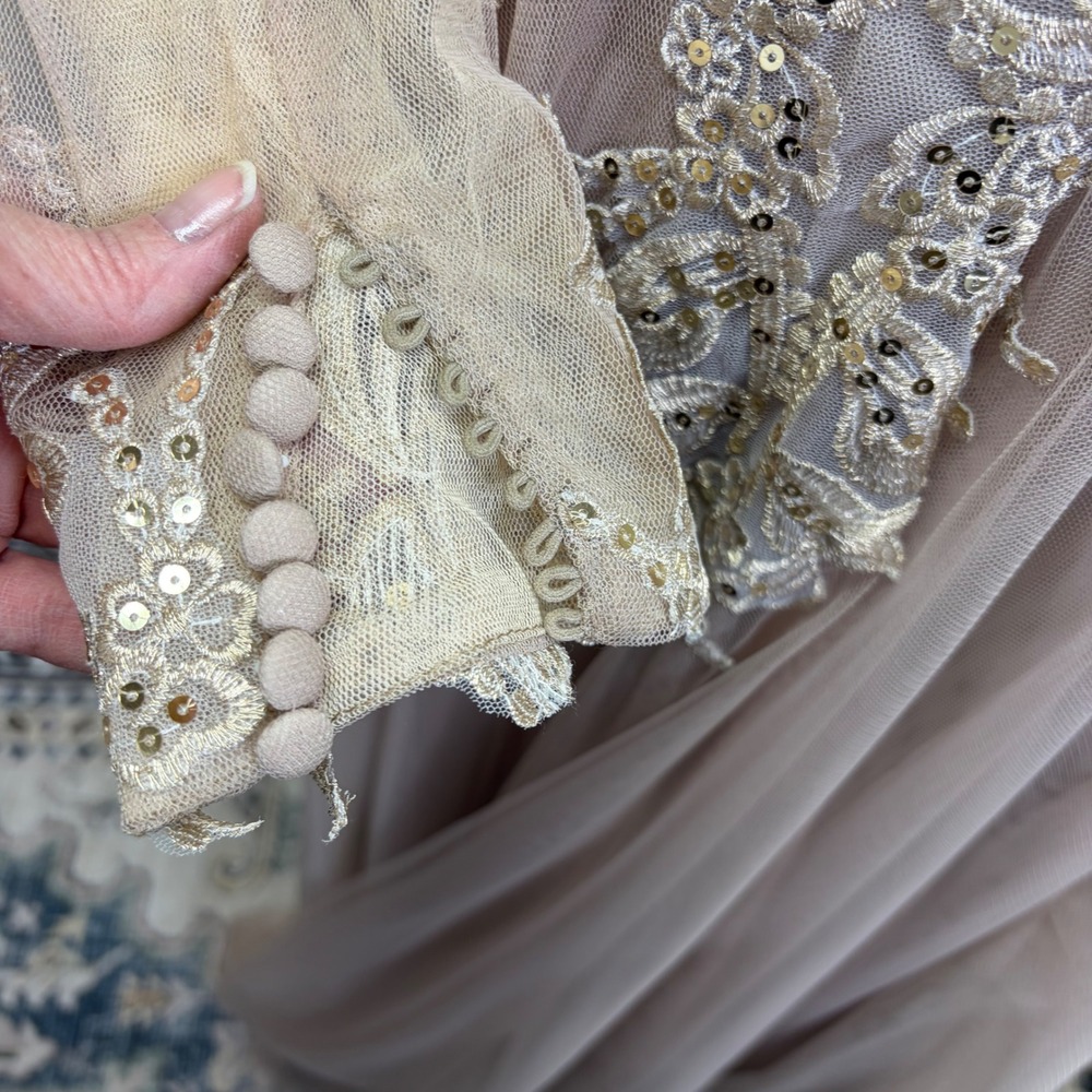 JJ's House Women One Shoulder Sequin Lace Tulle Gown Taupe Size 4 Prom Hoco Gala - Picture 3 of 11